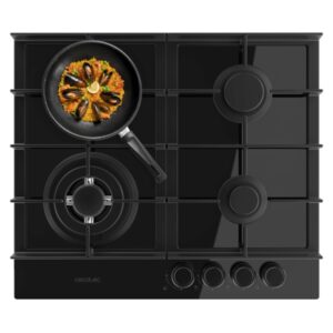 Cecotec Bolero Squad G 4400F Glass Black Cocina de Gas Encastrable - 4 Quemadores - Acabado en Cristal Negro - 8kW - Parrillas de Hierro Fundido - Wok de Triple Corona - Color Negro