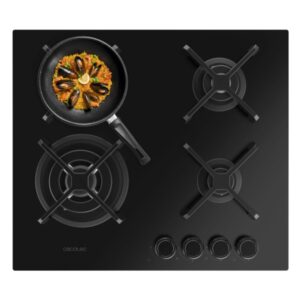 Cecotec Bolero Squad G 4400S Nano Glass Cocina de Gas Encastrable - 4 Quemadores - Acabado en Cristal Negro - 8kW - Parrillas de Hierro Fundido - Wok de Triple Corona - Color Negro