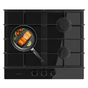 Cecotec Bolero Squad G 3400F Glass Black Cocina de Gas Encastrable - 3 Quemadores - Acabado en Cristal Negro - 6.2kW - Parrillas de Hierro Fundido - Wok de Triple Corona - Color Negro