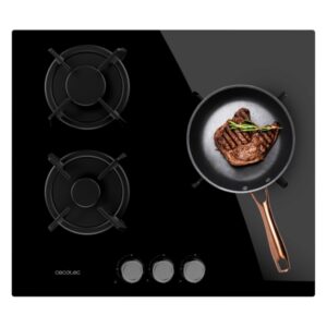 Cecotec Bolero Squad G 3200S Glass Black Cocina de Gas Encastrable - 3 Quemadores - Acabado en Cristal Negro - 6.25kW - Parrillas de Hierro Fundido - Inyector Convertor a Glp - Color Negro