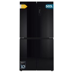 Cecotec Bolero CoolMarket 4D 503 Black Glass E Frigorifico Americano 4 Puertas - Capacidad 503L - Luz LED - Compresor Inverter - Puerta de Cristal - Frio Envolvente - 177.5x85.3x69.8cm - Color Negro