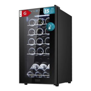 Cecotec Bolero GrandSommelier 1550 Black Compressor Vinoteca para 15 Botellas - Silencioso 39dB - Temperatura Regulable - Compresor de Enfriamiento - Control Tactil - Color Negro