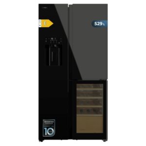 Cecotec Bolero CoolMarket TDW 529 WID Black Glass E Frigorifico Americano con Vinoteca - 529L - Compresor Inverter - Modo Vacaciones - Puerta de Cristal - Frio Envolvente - 91.1x70.6x183cm - Color Negro