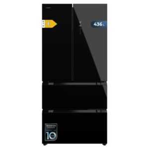 Cecotec Bolero CoolMarket FD 436 Black Glass E Frigorifico Puerta Francesa de 4 Puertas - 463L - Compresor Inverter - Modo Vacaciones - Puerta de Cristal - Frio Envolvente - 83.6x63.6x183cm - Color Negro
