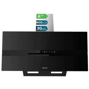Cecotec Bolero Flux DT 908010 Glass Black A++ Campana Extractora de 90cm - 210W - Succion 800m3/h - Luz LED - Pantalla LED - Incluye Accesorios - Filtros de Carbono Incluidos - Color Negro