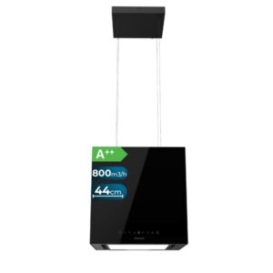 Cecotec Bolero Flux CCT 448000 Glass Black A++ Campana Extractora Colgante de 44cm - 210W - Succion 800m3/h - Luz LED - Pantalla LED - Incluye Accesorios - Filtros de Carbono Incluidos - Color Negro