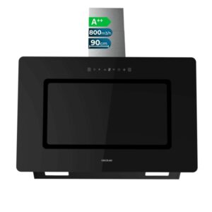 Cecotec Bolero Flux DT 908002 Glass Black A++ Campana Extractora de 90cm - 210W - Succion 800m3/h - Luz LED - Pantalla LED - Incluye Accesorios - Filtros de Carbono Incluidos - Color Negro