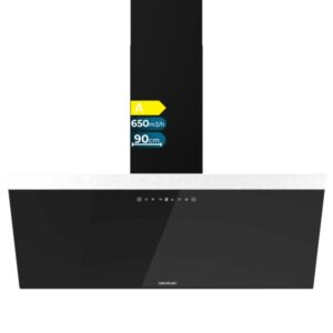 Cecotec Bolero Flux DT 906500 Glass Black A Campana Extractora de 90cm - 165W - Succion 650m3/h - Luz LED - Pantalla LED - Incluye Accesorios - Filtros de Carbono Incluidos - Color Negro