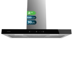 Cecotec Bolero Flux TT 905500 Glass Black A++ Campana Extractora de 90cm - 70W - Succion 550m3/h - Luz LED - Pantalla LED - Incluye Accesorios - Filtros de Carbono Incluidos - Color Negro