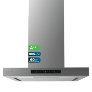 Cecotec Bolero Flux TT 608000 Slim Glass Black A++ Campana Extractora de 60cm - 210W - Succion 800m3/h - Luz LED - Pantalla LED - Incluye Accesorios - Acero Inoxidable - Filtros de Carbono - Color Acero