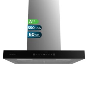 Cecotec Bolero Flux TT 605500 Glass Black A++ Campana Extractora de 60cm - 70W - Succion 550m3/h - Luz LED - Pantalla LED - Incluye Accesorios - Filtros de Carbono Incluidos - Color Negro