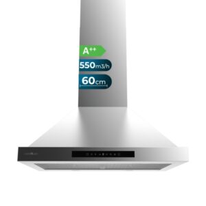 Cecotec Bolero Flux PT 605500 Inox A++ Campana Extractora de 60cm - 70W - Succion 550m3/h - Luz LED - Pantalla LED - Incluye Accesorios - Acero Inoxidable - Filtros de Carbono Incluidos - Color Acero