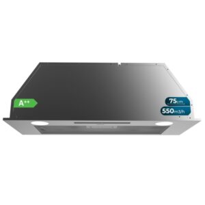 Cecotec Bolero Flux IT 755500 Inox A++ Campana Extractora de 75cm - 70W - Succion 550m3/h - Luz LED - Pantalla LED - Incluye Accesorios - Acero Inoxidable - Filtros de Carbono Incluidos - Color Acero