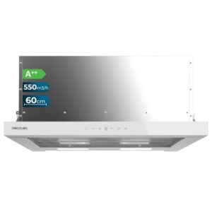 Cecotec Bolero Flux TLT 605500 Glass White A++ Campana Extractora Telescopica de 60cm - 70W - Succion 550m3/h - Luz LED - Pantalla LED - Incluye Accesorios - Filtros de Carbono Incluidos - Color Blanco