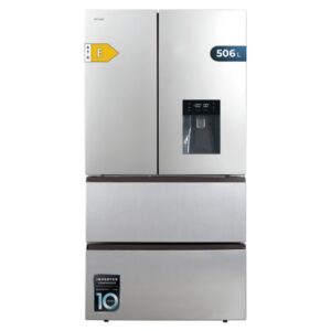 Cecotec Bolero CoolMarket FD 510 WD Inox E Frigorifico Puerta Francesa de 4 Puertas - Capacidad 506L - Compresor Inverter - Total Nofrost - Dispensador de Agua - Frio Envolvente - 183x84cm - Color Acero