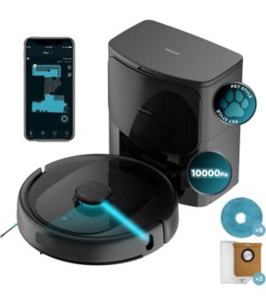Cecotec Conga 9590 Spin Revolution Ultra Power Home Robot Aspirador con Base de Autovaciado - Autonomia 240min - 10.000Pa - Bateria 5200mAh - Deposito de 3L - Ideal Mascotas - Color Negro