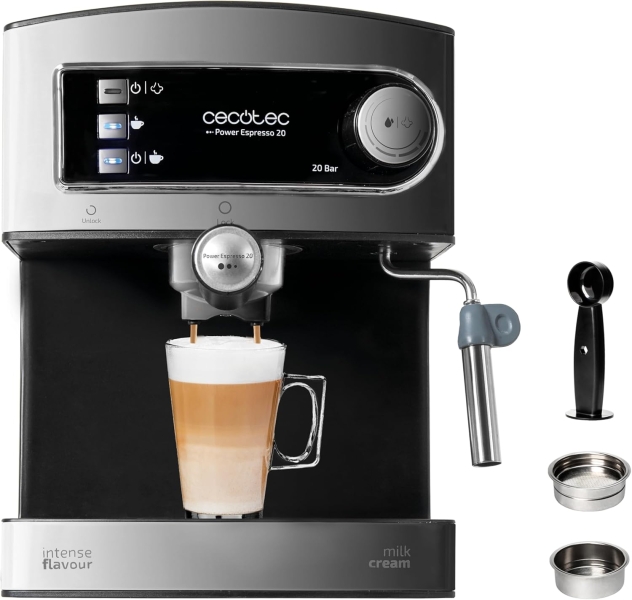 Cecotec Cafetera Power Espresso 20 Cafetera Expresso Manual - 850W - Calientatazas - Presion 20Bar - Valvula de Seguridad - Acero Inoxidable - Apagado Automatico - Vaporizador - Color Gris