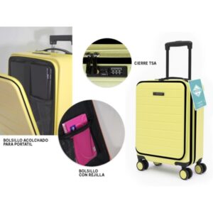 Lagart Maleta Trolley Pocket de Cabina Rigida 20” 55x34x20cm - Compartimento Frontal Acolchado para Portatil - Cierre TSA - Ruedas Dobles 360º - Color Amarillo Pastel