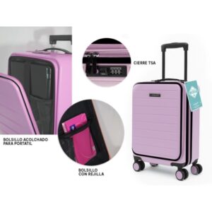 Lagart Maleta Trolley Pocket de Cabina Rigida 20” 55x34x20cm - Compartimento Frontal Acolchado para Portatil - Cierre TSA - Ruedas Dobles 360º - Color Rosa Pastel