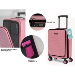 Lagart Maleta Trolley Pocket de Cabina Rigida 20” 55x34x20cm - Compartimento Frontal Acolchado para Portatil - Cierre TSA - Ruedas Dobles 360º - Color Salmon Pastel