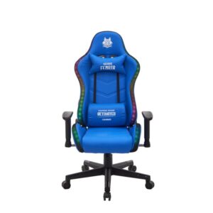 Cromad Serie Fenrir Silla Gaming RGB - Estructura Robusta - Piel Sintetica de Alta Calidad - Altura Regulable con Piston de Gas Clase 2 - Respaldo Reclinable - Cojin Lumbar y Cervical - Reposabrazos Regulables - Color Azul