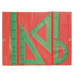 Safta Pack de 5 Reglas - Regla de 30cm - Regla de 15cm - Escuadra de 25cm - Cartabon de 25cm - Semicirculo de 15cm - Cierre de Velcro - Color Verde