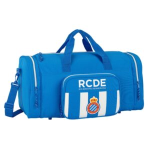 Safta RCD Espanyol Bolsa de Deporte - Bandolera Ajustable - Cremallera Doble - Bolsillo Frontal - Bolsillos Laterales - Fondo Semirigido - Tacos en Base - 550x270x260mm - Color Azul y Blanco