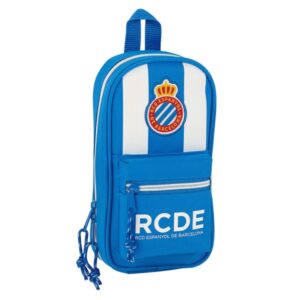 Safta RCD Espanyol Plumier Mochila - 33 Piezas - Goma - Lapiz - Tijeras - Sacapuntas - Boligrafos - Fluorescentes - Regla - 12 Rotuladores - 12 Colores - 120x50x230mm - Color Azul y Blanco