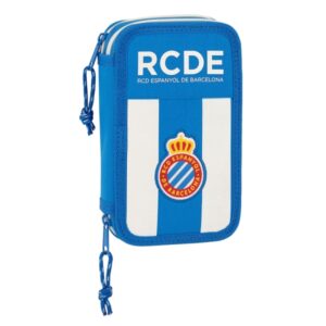 Safta RCD Espanyol Plumier de 2 Pisos - 28 Piezas - 1L - Goma - Lapiz - Boligrafo - Sacapuntas - 10 Colores - 14 Rotuladores - 125x40x195mm - Color Azul y Blanco