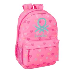 Safta Benetton Heart Mochila Adaptable a Carro - Bolsillos Laterales - Tirador Doble - Bolsillo Frontal - Hombreras Ergonomicas - Espalda Acolchada - Asa Superior - 300x140x460mm - Color Rosa