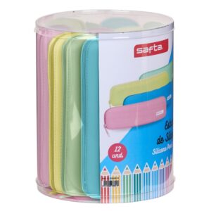 Safta Pack de 12 Estuches - Silicona de Alta Calidad - Caja Cilindrica de PVC Transparente - Flexible - Facil de Limpiar - 170x210mm - Colores Surtidos