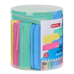 Safta Silicone Glitter Pack de 16 Estuches - Silicona con Purpurina - Caja Cilindrica de PVC Transparente - Variedad de Modelos - Flexible - Facil de Limpiar - 227x230mm - Colores Surtidos