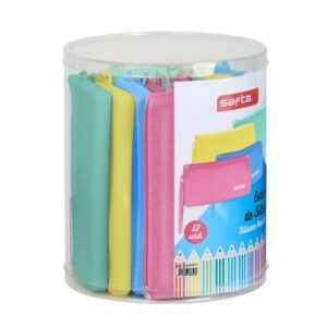 Safta Silicone Glitter Pack de 12 Estuches Planos - Silicona con Purpurina - Caja Cilindrica de PVC Transparente - Flexible - Facil de Limpiar - 195x230mm - Colores Surtidos