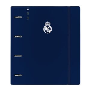Safta Real Madrid 1ª Equip. 24/25 Carpeta con 4 Anillas 35mm - Tapas de PP Foam - Recambio 100 Hojas - Cierre Elastico - Separadores - Ranura para Boligrafo - 270x40x320mm - Color Azul Marino