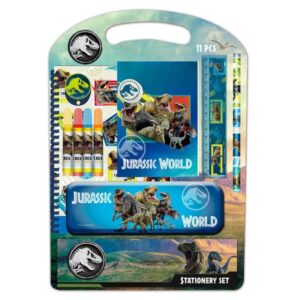 Safta Jurassic World Pack Escolar con Plumier Metalico - Lapiz - 4 Rotuladores - Regla 15cm - Sacapuntas - Goma - Libreta A4 - Bloc de Notas A6 - 270x30x375mm - Multicolor
