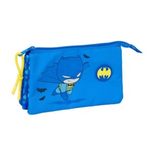 Safta Batman Preescolar Portatodo - 3 Compartimentos con Cremalleras - 0.6L - Bolsillo Interior - 220x30x120mm - Color Azul