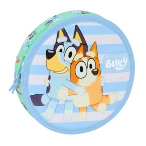 Safta Bluey Sisters Plumier Redondo - 18 Piezas - Cremallera - Goma - Lapiz - 6 Colores - 8 Rotuladores - Sacapuntas - 210x35mm - Color Azul