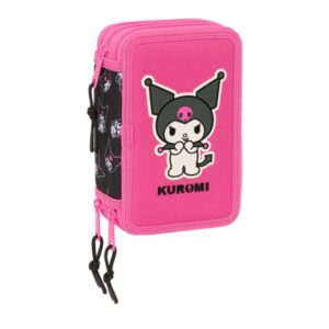 Safta Kuromi Plumier de 3 Pisos - 37 Piezas - 1.3L - Goma - Lapiz - Boligrafos - Sacapuntas - Reglas - 16 Colores - 14 Rotuladores - 125x55x195mm - Color Negro y Rosa