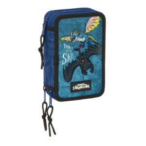 Safta Como Entrenar a Tu Dragon Plumier de 3 Pisos - 37 Piezas - 1.3L - Goma - Lapiz - Boligrafos - Sacapuntas - Reglas - 16 Colores - 14 Rotuladores - 125x55x195mm - Color Azul Marino