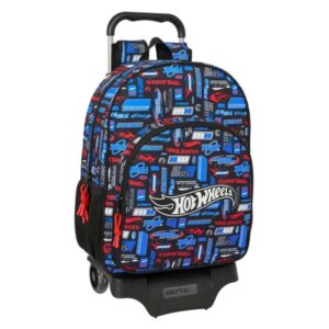 Safta Hot Wheels Mochila con Carro - Bolsillos Laterales - Tirador Doble - Bolsillo Frontal - Ergonomia Acolchada - Asa Superior - Mochila Extraible - Ruedas de Goma - 22.5L - 330x140x420mm - Color Azul