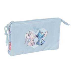 Safta Stitch Portatodo - 3 Compartimentos con Cremalleras - Bolsillo Interior - 0.6L - 220x30x120mm - Color Azul Claro