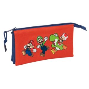 Safta Super Mario Mamma Mia Portatodo - 3 Compartimentos con Cremalleras - Bolsillo Interior - 0.60L - 220x30x120mm - Color Rojo y Azul