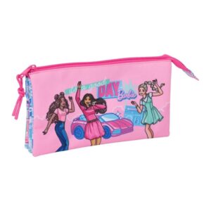 Safta Barbie Portatodo - 3 Compartimentos con Cremalleras - Bolsillo Interior - 0.6L - 220x30x120mm - Color Rosa