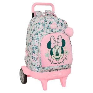 Safta Minnie Mouse Minty Mochila con Carro - Extraible - Bolsillo Frontal - Portabotellas - Tirador Doble - Hombreras Acolchadas - Tarjeta ID - Ruedas Antivibracion - 33x22x45cm - Color Rosa Pastel