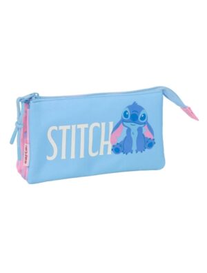 Safta Stitch Bright Portatodo - 3 Compartimentos con Cremalleras - Bolsillo Interior - 0.6L - 220x30x120mm - Color Azul
