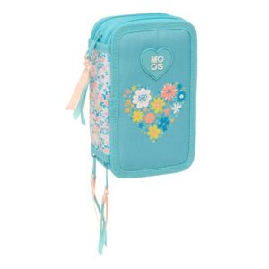 Safta Moos Fiori Plumier de 3 Pisos - 37 Piezas - 1.3L - Goma - Lapiz - Boligrafos - Sacapuntas - Reglas - 16 Colores - 14 Rotuladores - 125x55x195mm - Color Azul Claro