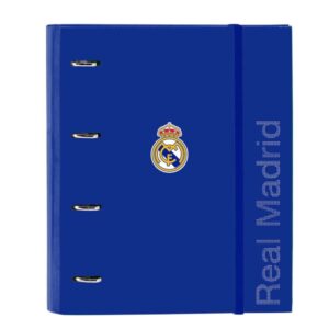 Safta Real Madrid Carpeta con 4 Anillas 35mm - Tapas Duras Forradas - Recambio 100 Hojas - Cuadriculas 5x5mm - Cierre Elastico - Incluye Separadores - 270x35x320mm - Color Azul