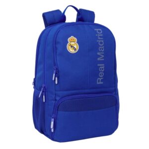 Safta Real Madrid Mochila para Portatil hasta 14.1" - Cierre Raqueta de Padel - Portabotellas - Bolsillo para Zapatillas - Rejilla Transpirable - 21.40L - 300x170x420mm - Color Azul