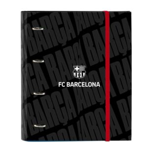 Safta F.C.Barcelona Carpeta con 4 Anillas 35mm - Tapas Duras Forradas - Recambio 100 Hojas - Cuadriculas 5x5mm - Cierre Elastico - Incluye Separadores - 270x35x320mm - Color Negro