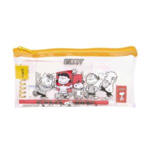Safta Snoopy Pack Escolar con Portatodo de PVC - Cierre ZIP - Regla 15cm - 2 Lapices - Sacapuntas - Goma - Bloc de Notas con 70 Hojas - 225x105mm - Color Transparente